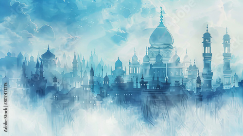 Fantasy Cityscape in Ethereal Blue Tones photo