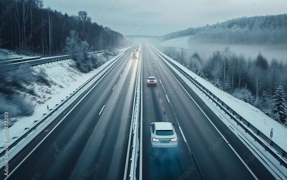 The white car drives along a very cool high-speed highway