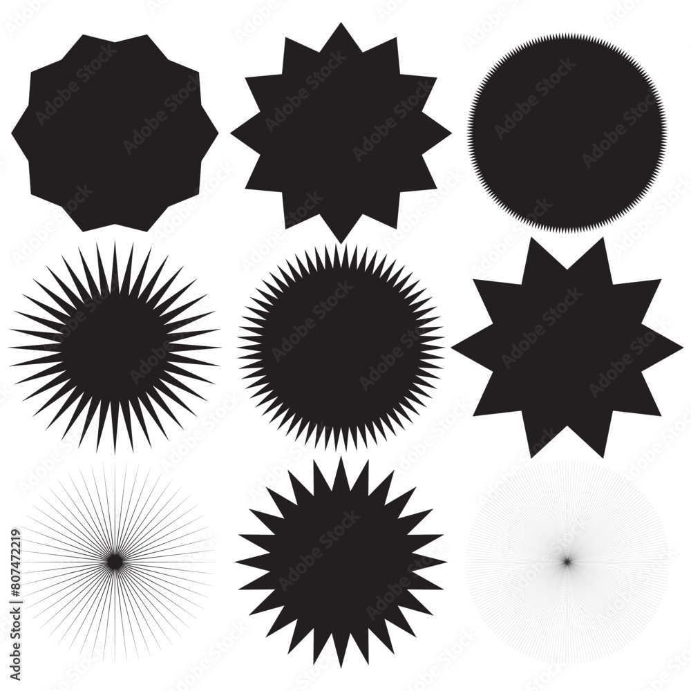 Fototapeta premium Sticker starburst shape, badge star, sale round vector icon, price circle, sun label, black tag isolated on white background. Award and medal , achievement collection. Simple illustration. EPS 10.