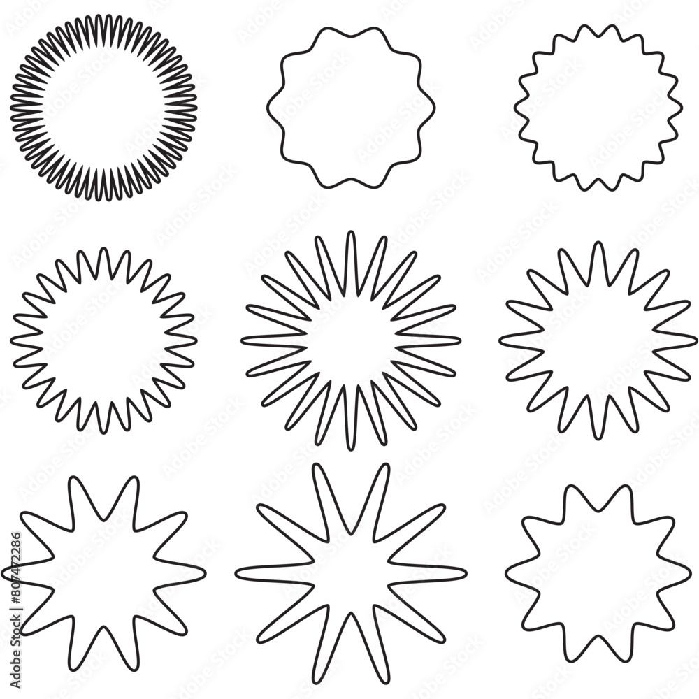 Fototapeta premium Sticker starburst shape, badge star, sale round vector icon, price circle, sun label, black tag isolated on white background. EPS 10.