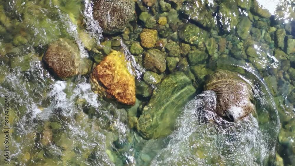 Video of water and stones of Altai river Bashkaus. The camera looks down Video of water and stones of Altai river Bashkaus. The camera looks down