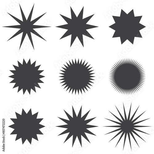 Starburst price sticker. Vector. Round burst star icon. Black circle shapes. Set sale tag badges. Sunburst callout label isolated on white background. Color illustration. Simple empty wave pricetag.