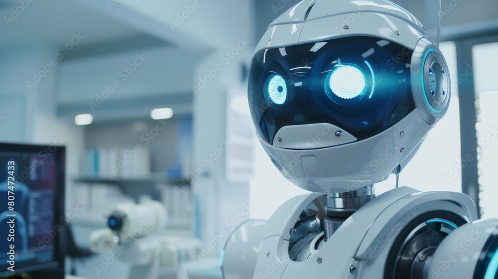 Heartwarming close-up of a robot ophthalmologist in an office, partially covering its eye while smiling at the camera, promoting eye health Heartwarming close-up of a robot ophthalmologist in an office, partially covering its eye while smiling at the camera, promoting eye health