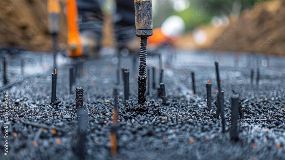 High-definition close-up of air nails being used on fresh asphalt for a new roof construction, with a focus on technique and equipment