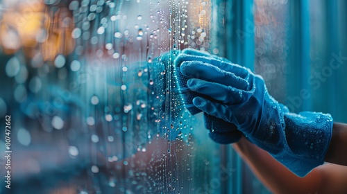 Hands wiping a glass pane using a cleaner, close-up on the rubber puller and the sparkling clean effect with droplets photo