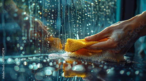 Hands wiping a glass pane using a cleaner, close-up on the rubber puller and the sparkling clean effect with droplets