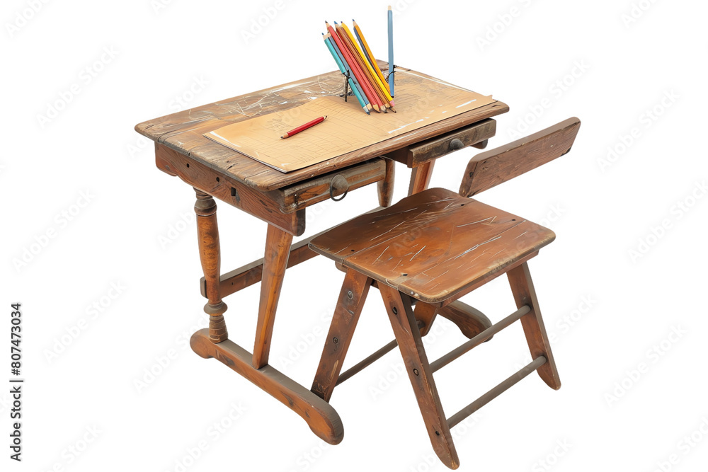 Fototapeta premium Wooden table with assorted pencils, brushes, and pens