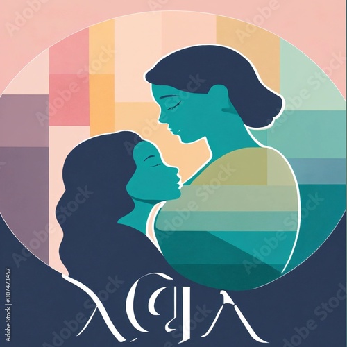 The image appears to be a stylized graphic with a colorful background featuring a gradient of colors. In the center, there are two silhouettes of people, one larger and one smaller, generator AI photo