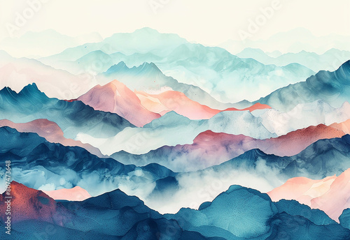 Watercolor mountain background. Landscape with mou