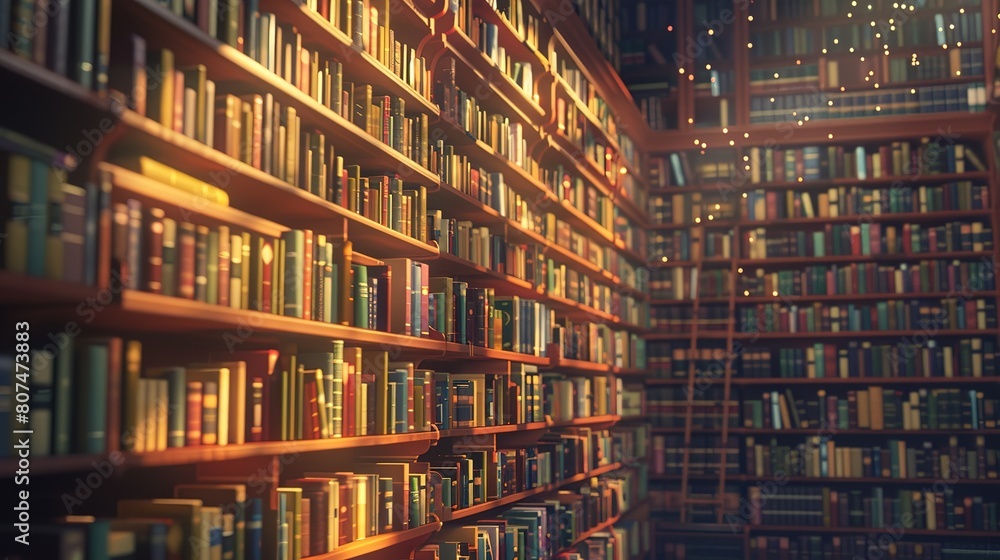 Superb A illustration of bookshelves within a library filled with old, vintage books Superb A illustration of bookshelves within a library filled with old, vintage books