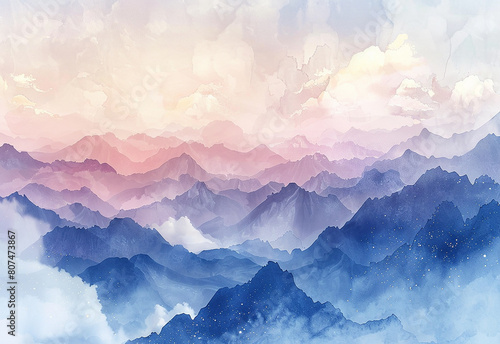 Watercolor mountain background. Landscape with mou