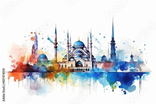 Vibrant watercolor depiction of mosque