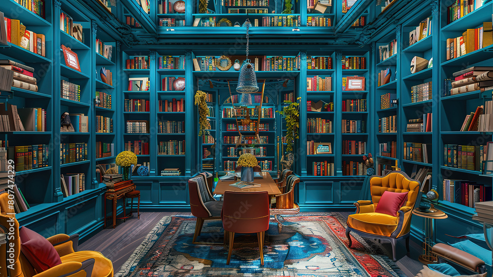 Wonderful A wall of a home library lined with bookcases and shelves filled with books and decorations