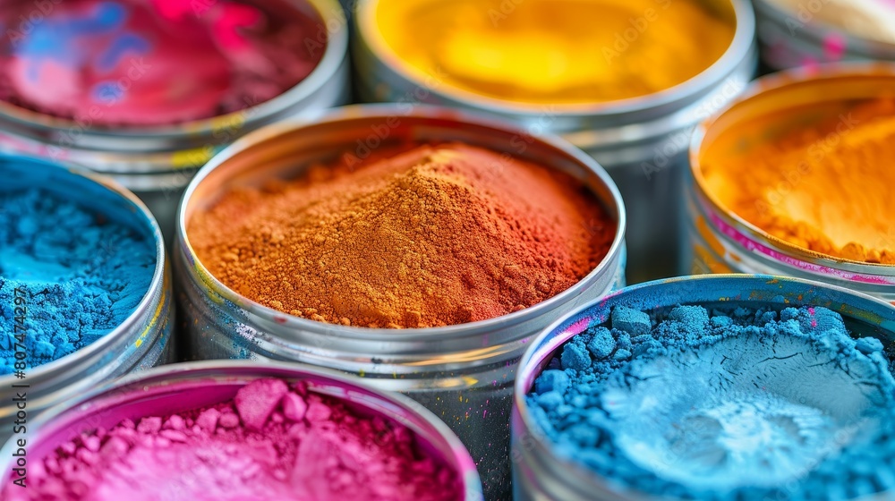 Festive arrangement of powdered colors in open cans, ready for Holi celebrations, emphasizing bright, joyful splashes Festive arrangement of powdered colors in open cans, ready for Holi celebrations, emphasizing bright, joyful splashes