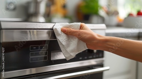 Focused close-up of a hand using a dry white napkin to clean a microwave oven door, in the context of a clean home kitchen photo