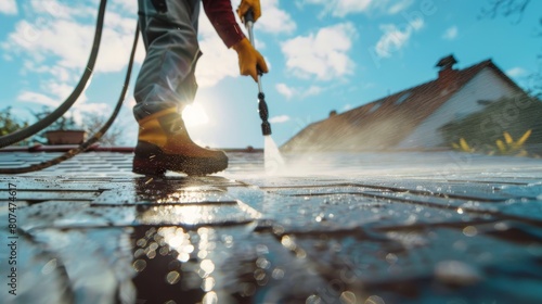 Dynamic shot of a professional using a pressure washer on a roof, focusing on the spray and the meticulous cleaning process photo