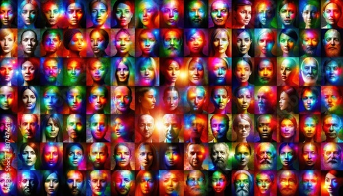 diverse faces bathed in vibrant, multicolored lights, showcasing a tapestry of humanity. Each individual's face is partially visible