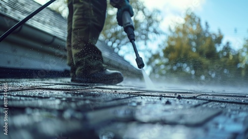 Dynamic shot of a professional using a pressure washer on a roof, focusing on the spray and the meticulous cleaning process