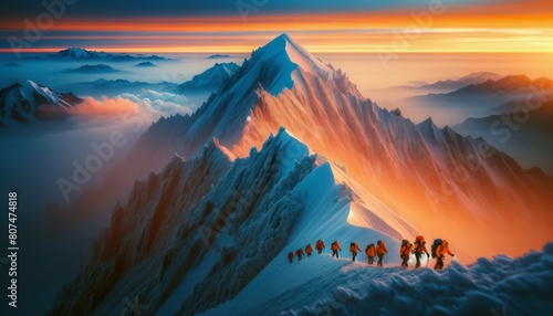 group of climbers in bright orange jackets ascend a steep and frosty mountain peak during sunrise. The horizon glows with warm hues of orange photo