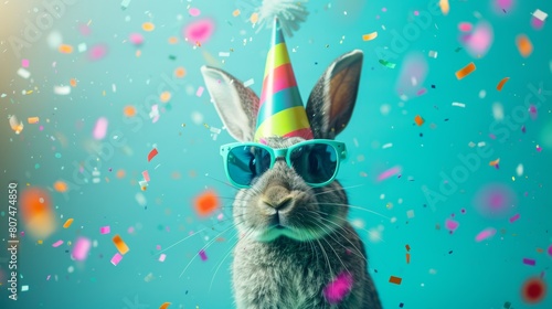 Cool rabbit wearing a colorful party hat and sunglasses with confetti.