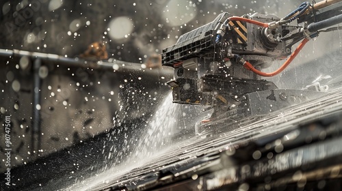 Dynamic image of a robot meticulously washing a roof with a high-pressure water jet, highlighting precision and power in maintenance