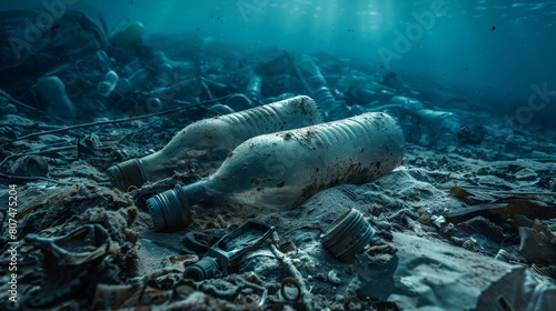 Dramatic underwater view of weathered plastic residues  focusing on the accumulation of bottles and parts on the sea floor