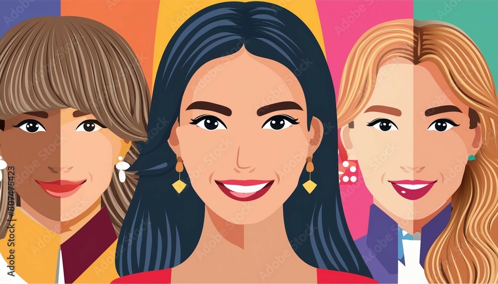 Collage art face design of multiracial diverse women in colorful background Collage art face design of multiracial diverse women in colorful background
