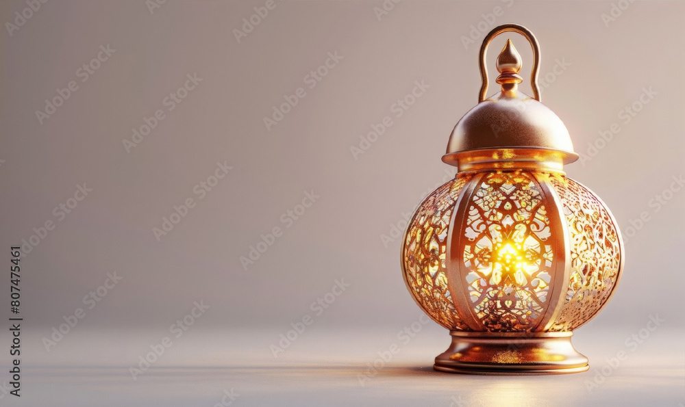 Golden lantern islamic on a simple beige background. Ramadan Kareem Greeting Card. Eid Mubarak, Eid al Adha banner. Holiday Horizontal banner with copy space. Golden lantern islamic on a simple beige background. Ramadan Kareem Greeting Card. Eid Mubarak, Eid al Adha banner. Holiday Horizontal banner with copy space.