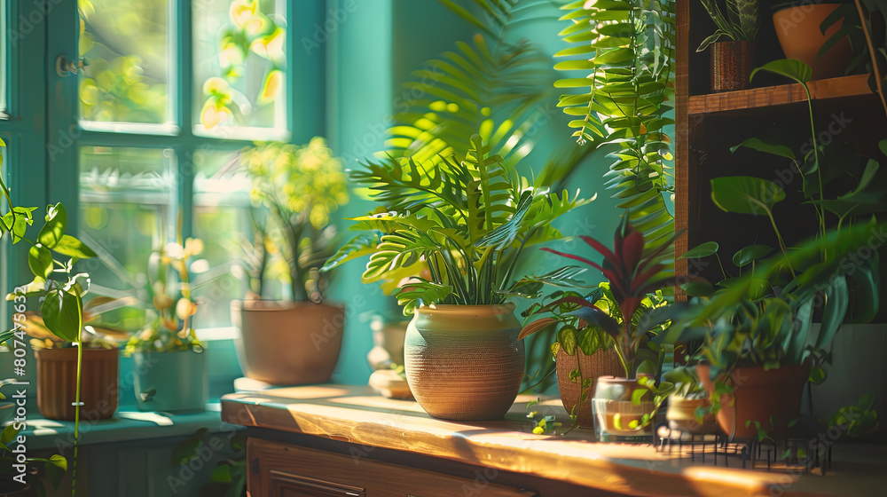 Revel in the tranquility of this sunlit indoor garden, where a variety of lush green plants thrive by a teal-framed window, creating a natural sanctuary within the home Revel in the tranquility of this sunlit indoor garden, where a variety of lush green plants thrive by a teal-framed window, creating a natural sanctuary within the home