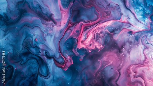 Abstract cosmic background with swirling blue and pink nebula-like patterns.