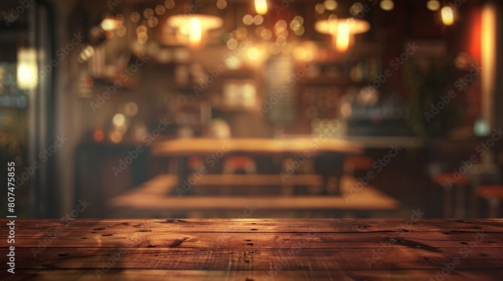 Wooden table with blurred coffee shop or restaurant background Wooden table with blurred coffee shop or restaurant background