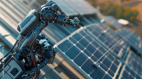 Detailed view of a robotic arm repairing solar panels on a house roof, emphasizing advanced technology and efficiency