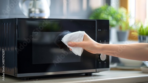Detailed view of a hand cleaning a microwave's black glass surface with a dry napkin, emphasizing cleanliness in a kitchen setting