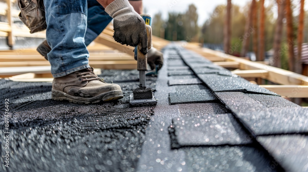 Detailed scene of a worker applying asphalt shingles with an air gun, under the bright conditions typical of new construction sites Detailed scene of a worker applying asphalt shingles with an air gun, under the bright conditions typical of new construction sites