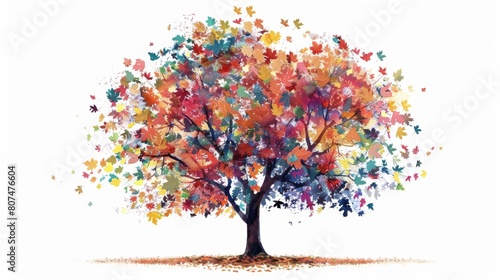 A tree depicted in an explosion of colorful leaves symbolizing autumn.