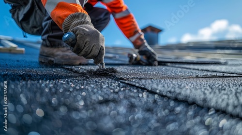 Detailed image of a worker's hands operating an air gun, securing asphalt shingles on a residential building under clear skies