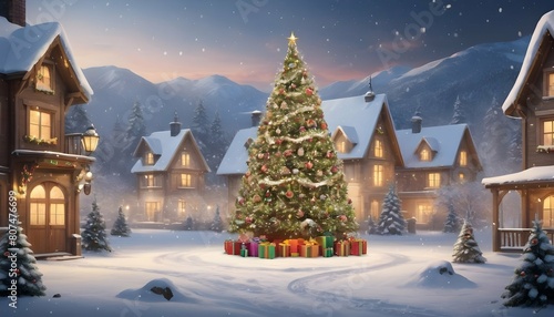 Design a snowy scene with a majestic christmas tre upscaled 2 photo