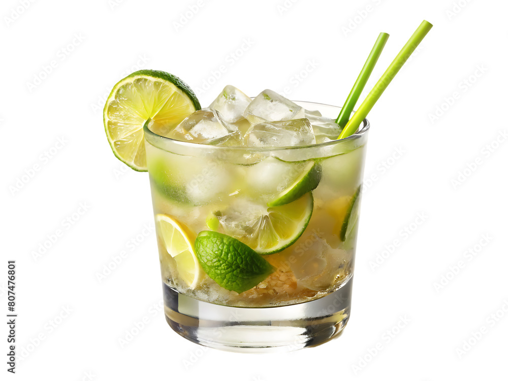 A glass of ice water with lime and mint leaves A glass of ice water with lime and mint leaves
