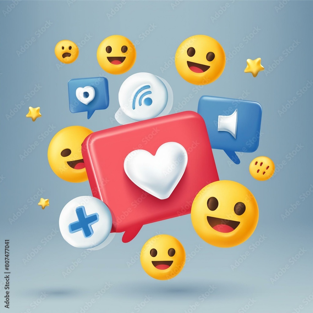Trendy 3D icon set for social media, illustrations of online communication and digital marketing symbols, like button, speech bubble, notification bell, hashtag, and emoji. 3d Rendering Trendy 3D icon set for social media, illustrations of online communication and digital marketing symbols, like button, speech bubble, notification bell, hashtag, and emoji. 3d Rendering