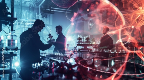 a group of scientists conducting experiments in a state-of-the-art bioengineering lab
