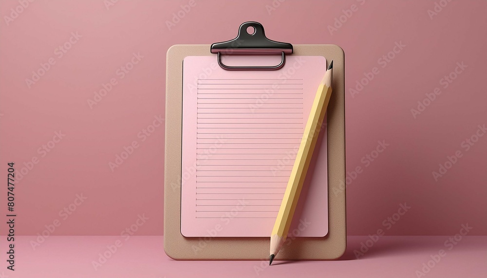 3D clipboard and pencil on pink background, notepad icon. 3d render illustration. 3D clipboard and pencil on pink background, notepad icon. 3d render illustration.