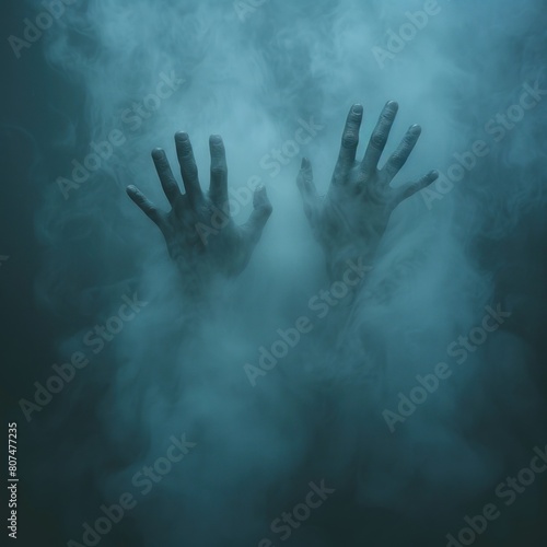Two hands reaching out from darkness, one hand is raised towards the sky and the other down to the ground, smoke coming from the palms, dark background, in the style of horror