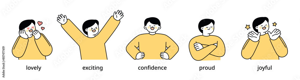 Boy upper body character expressing 5 different emotions - Set 2. Simple outline vector illustration.