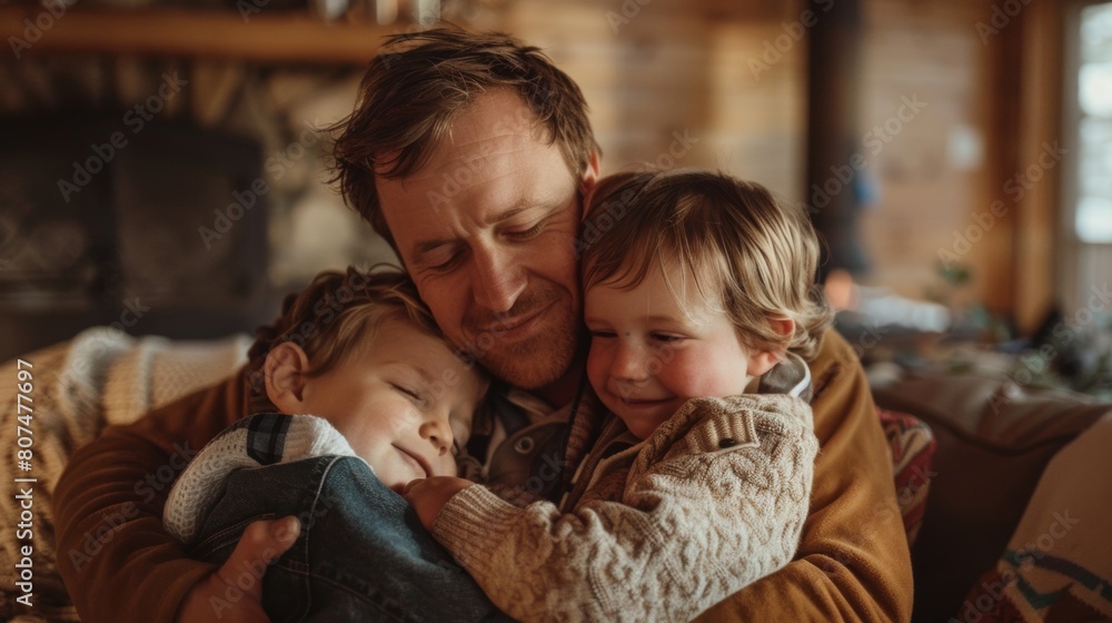 A warm intimate portrait of a father hugging his two young children. A warm intimate portrait of a father hugging his two young children.