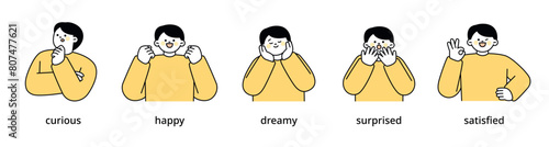 Boy upper body character expressing 5 different emotions - Set 1. Simple outline vector illustration.