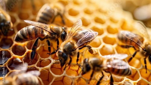 Detailed view of honey bees diligently working at their hive.
