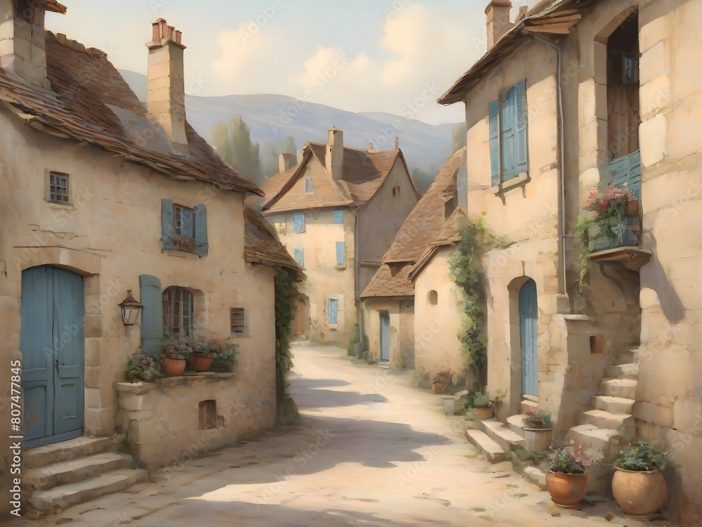 Naklejka premium French Landscape Vintage Painting Illustration Art