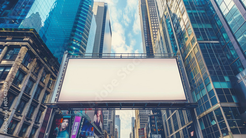 Along a vibrant city boulevard, a blank billboard sign commands attention from passing pedestrians and motorists, its surface poised to convey a powerful message or advertisement photo