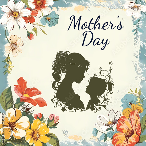 Illustration for Mother's Day featuring a silhouette of a mother and child surrounded by colorful flowers and paint splashes on a cream background with the text 