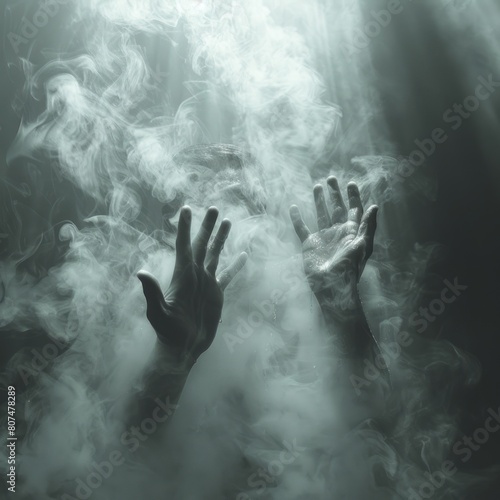 Two hands reaching out from darkness, one hand is raised towards the sky and the other down to the ground, smoke coming from the palms, dark background, in the style of horror